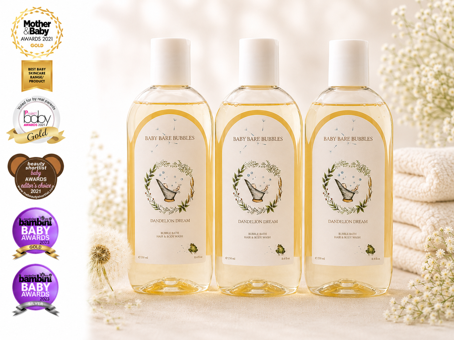 3 Pack - Luxury Shampoo, Body Wash & Bubble Bath - 250ml